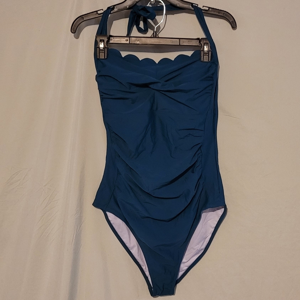 Sweet Scalloped Halter One-Piece Swimsuit in Teal By EoMENIE, NWT, XL